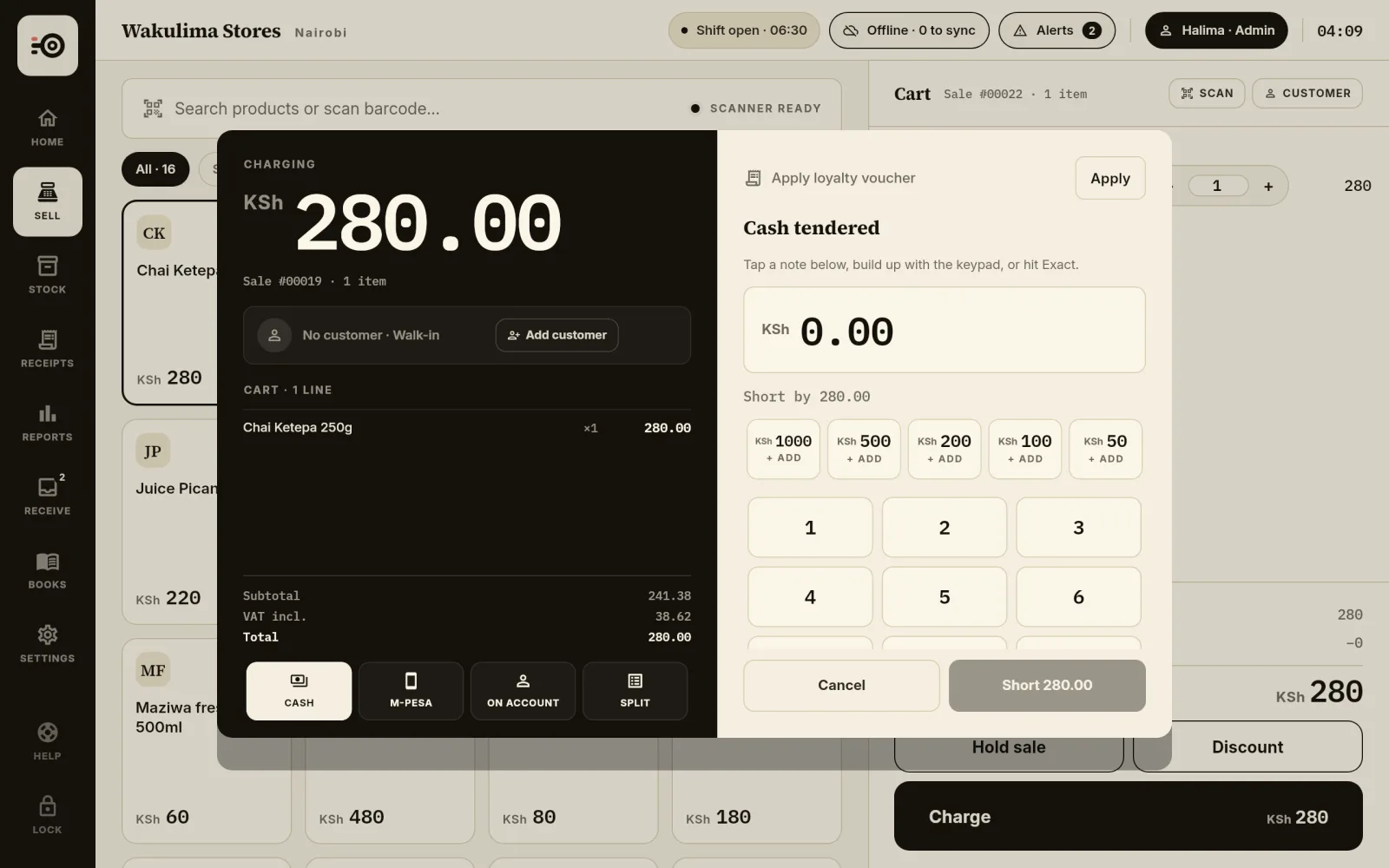 Zanira payment screen charging a sale, with tender buttons for cash, M-Pesa, on account and split, and the VAT included in the total shown.