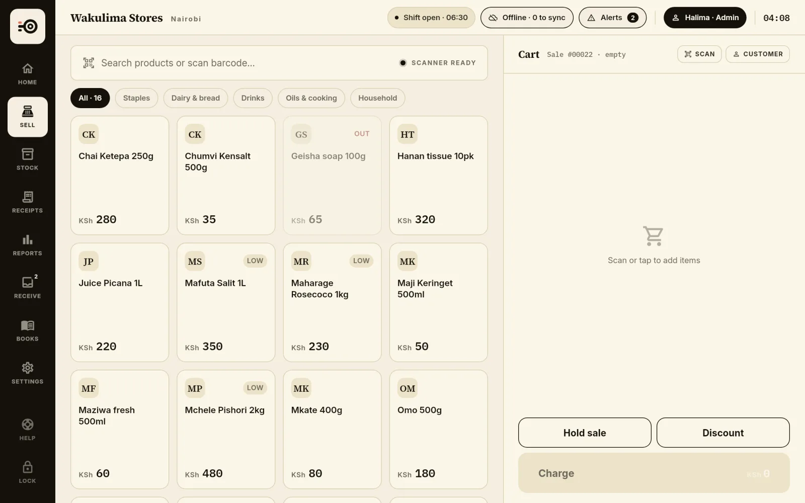 Zanira Sell screen with a product grid and an empty cart. The header shows the shift open and the till offline with nothing waiting to sync.